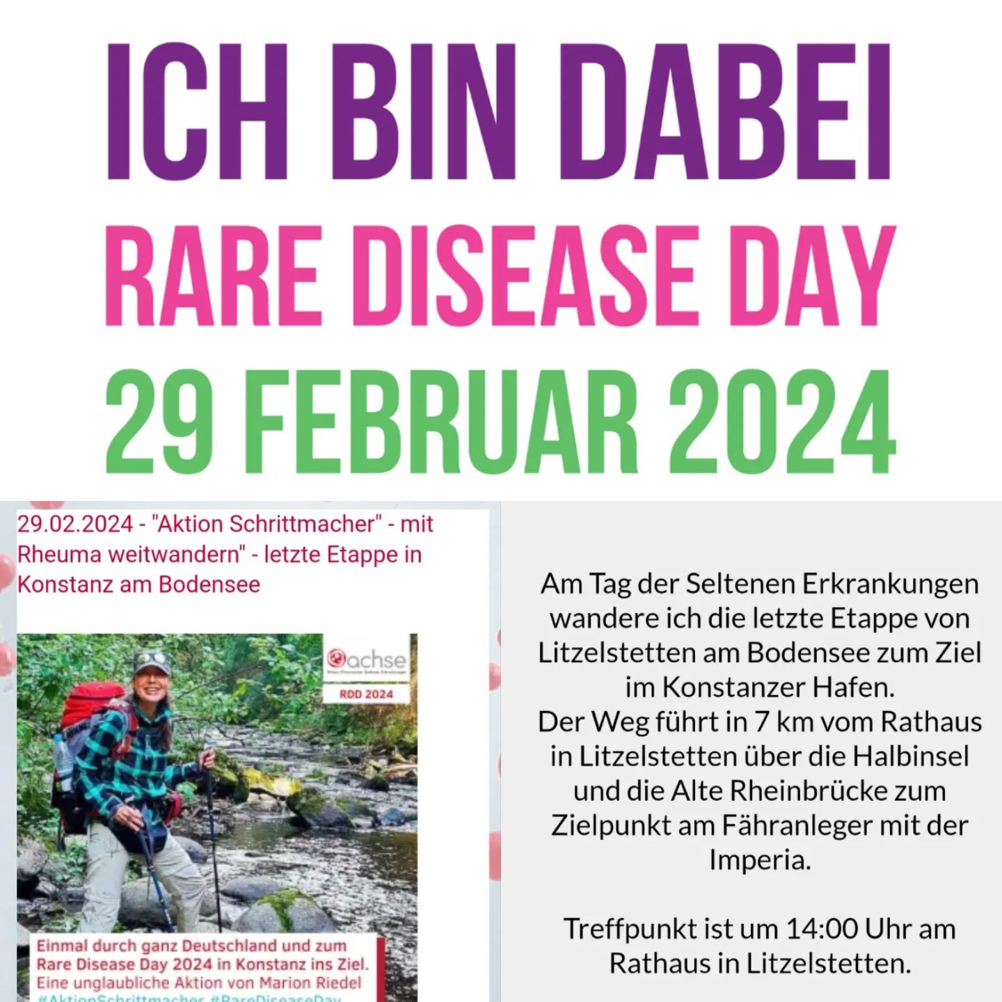 💜💙💚 Morgen um 14:00 Uhr ist der Treffpunkt am Rathaus in Litzelstetten für die Zieletappe. 💚💙💜
Ich freue mich auf euch.
🎒🥾
#konstanz #litzelstetten #konstanzerhafen #imperia #rarediseaseday #TagderSeltenenErkrankungen
🎒🥾
#AktionSchrittmacher #rheuma #risikogruppe #seltensindviele #selten #vaskulitis #selteneerkrankung #weitwandern #fernwanderwege1 #e1 #wandern #fernwandern